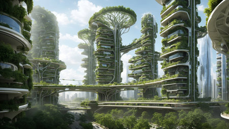 Cityscape of futuristic plant based megalopolis. Advance civilization concept. Creative background. With copy space.の素材