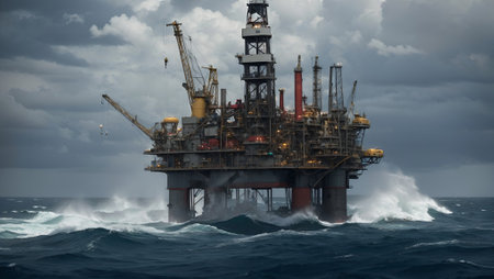 Oil rig platform in the ocean. Human progress and power idea. Hard work and Labor day concept. With copy space.の素材