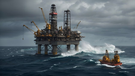 Oil rig platform in the ocean. Human progress and power idea. Hard work and Labor day concept. With copy space.の素材