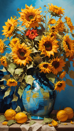 Beautiful fantasy painting of bouquet of sunflowers in a clay jug vase. On minimal dark background. Abstract nature and summer concept. Art idea. With copy space.の素材