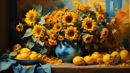 Beautiful fantasy painting of bouquet of sunflowers in a clay jug vase. On minimal dark background. Abstract nature and summer concept. Art idea. With copy space.の素材