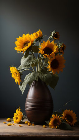 Bouquet of sunflowers in a clay jug vase. On minimal dark background. Abstract nature and summer concept. Art idea. With copy space.の素材