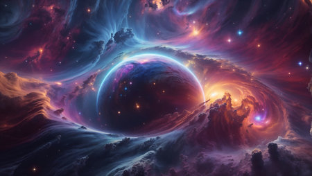 Beautiful fantasy cosmic background. With planets, nebulas, galaxies and stars. Abstract exploration, star travel, and advance civilization concept. With copy space.の素材