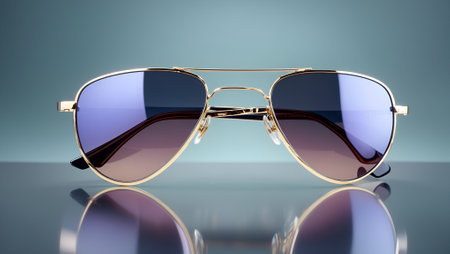 Retro designers sunglasses on trendy mirror background. Minimal abstract summer and fashion concept. With copy space.の素材