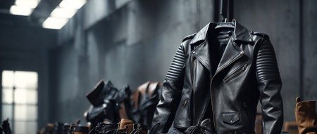 Leather jacket and boots, against rusty and grunge retro background. Minimal abstract fashion and music concept. With copy space.の素材