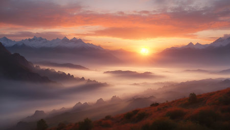 Landscape of mountains at sunrise, Fog rising in the valey.の素材