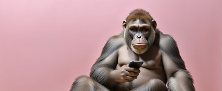 Ape holding mobile phone in hand. With pastel pink background. Funny science and technology concept. Civilization progress and development idea. With copy space.の素材