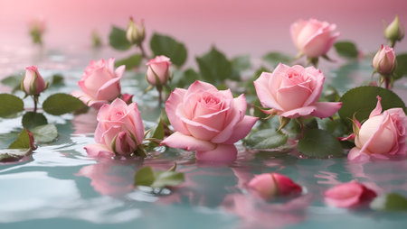 Beautiful roses splash in water on pastel pink background. Under bright summer sun. Minimal summer concept. Valentines, Mother's day and women's day idea.の素材