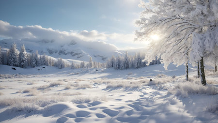 Beautiful and mesmerizing winter landscape with trees under the snow and mountains in the background. Scenery for the tourists. Christmas and holidays concept. With copy space.の素材