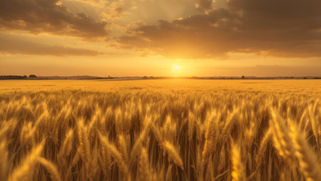 Beautiful mesmerizing landscape of wheat field in sunset or sunrise. Minimal abstract background with nature and summer concept. With copy space.の素材