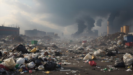 Dangerously looking landscape of a trash, dump and factory smoke in the background. Abstract pollution and environmental protection concept. With copy space.の素材