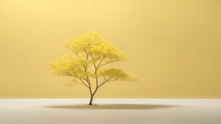 Minimalist concept with a clean, monochromatic background in a shade of calming yellow, reminiscent of nature and renewal. With copy space.の素材