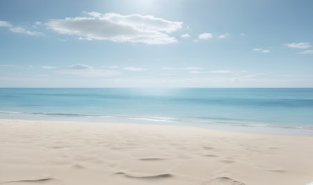 Minimalist background of a pristine, sunlit beach with soft, neutral sand and a calm, azure sea, evoking a sense of relaxation and coastal serenity. Copy space.の素材