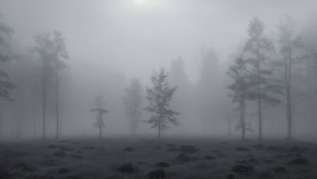 Minimalist scene of a foggy, monochromatic forest, where the mist obscures the details and leaves a sense of mystery and simplicity. Copy space.の素材