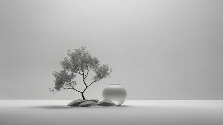 Minimalist concept with a clean, monochromatic background in a shade of calming grey, reminiscent of nature and renewal. With copy space.の素材