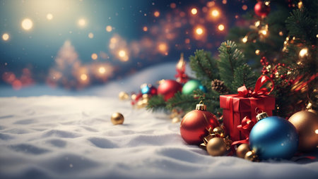 Colorful Christmas decoration background. Winter holidays idea. Minimal Christmas and New Year celebration concept. With copy space.の素材