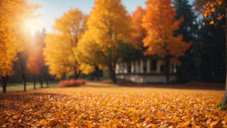 Beautiful autumn scenery with fallen yellow and orange leaves, with a park trees in the background. Minimal abstract seasons concept. Copy space.の素材