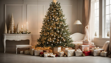 Elegant Christmas tree interior background. Winter holidays idea. Christmas and New Year celebration concept. With copy space.の素材