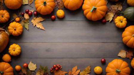 Minimal flat lay thanksgiving background with pumpkins, fallen leaves and berries. Abstract seasonal and holiday concept. Culture concept. With copy space.の素材