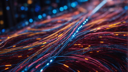 Colorful glowing strand of super conductors and optical cables background. Science and technology concept. Human civilization advance idea. Copy space.の素材
