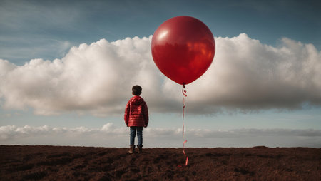 Kid standing and looking in a distance. With balloon floating behind him. Childhood exploration concept. Growing and learning idea. With copy space.の素材