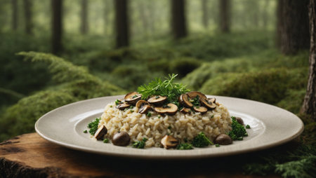 Forest inspired dish with mushroom risotto arranged to resemble a woodland scene, complete with edible greens and herbs. Delicious food concept background. Healthy diet idea. Closeの素材