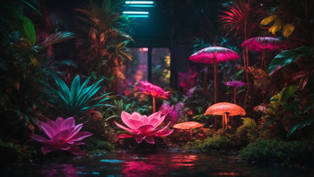 Interior with vibrant and surreal jungle where plants glow with neon hues. The juxtaposition of natural forms and artificial colors in this electrifying and fantastical environmentの素材