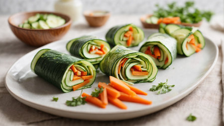 Vegetable ribbon wraps with cucumber, zucchini, and carrots, neatly arranged on a white plate. Delicious food concept background. Healthy diet idea. Close up with copy space.の素材
