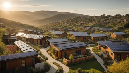 A community powered entirely by solar panels, showcasing rooftops adorned with solar arrays and a landscape of energy-efficient homes, emphasizing sustainable living.の素材