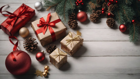 Christmas decoration background. Winter holidays idea. Minimal Christmas and New Year celebration concept. Flat lay, top view. With copy space.の素材
