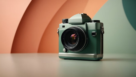 Minimal abstract pastel background with retro camera. Product placement, fashion or design concept. Copy space.の素材