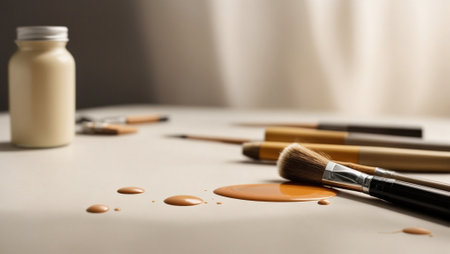A blank canvas or easel with an artist's brush and paint palette against a serene, muted background. Art and artist concept. Creativity idea. Copy space.の素材