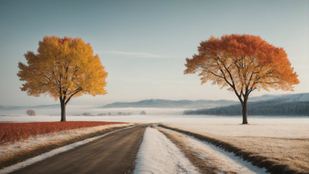 Seasonal changes with a single seasonal element against a plain background, representing the essence of different times of the year. Beautiful landscape with copy space.の素材