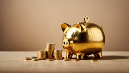 A golden piggy bank against a neutral background, representing savings and financial growth. Copy space.の素材