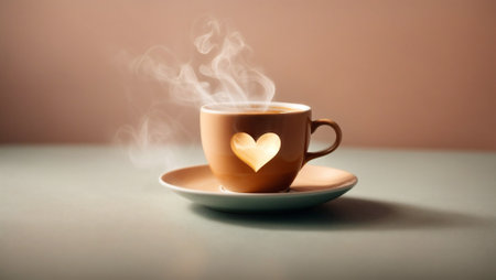 A cup of coffee or tea with a heart-shaped pattern against a calm surface, symbolizing warmth and love. Minimal Valentine's Day and love concept. With copy space.の素材
