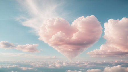 Ethereal love clouds. A minimalist depiction of heart-shaped clouds in a clear sky. Minimal Valentine's Day and love concept. With copy space.の素材