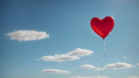 Love in motion. A single red heart-shaped balloon floating gracefully against a clear, blue sky. Minimal Valentine's Day and love concept. With copy space.の素材