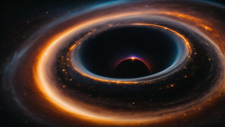 Beautiful fantasy black hole cosmic background. With planets, nebulas, galaxies and stars. Abstract exploration, star travel, and advance civilization concept. With copy space.の素材