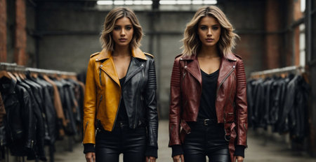 Beautiful supermodel in leather jacket, against rusty and grunge retro background. Minimal abstract fashion and music concept. With copy space.の素材