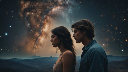 Two people in love standing below starry Milky Way night sky. Love and Valentine's Day concept. Happiness and tenderness idea. Copy space.の素材