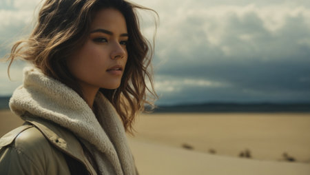 Portrait of a beautiful woman standing in the desert. Minimal abstract fashion, travel concept. Loneliness idea. With copy space.の素材