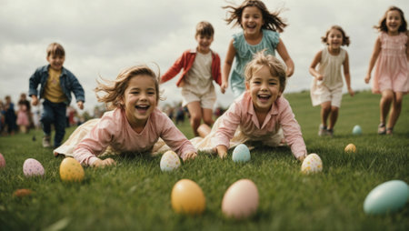 Kids playing with Easter eggs background. Minimal abstract holidays concept. Happy family idea. With copy space.の素材