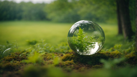 Glass sphere in nature, outdoors, with plants. Minimal abstract nature and season concept. Environmental protection idea. Copy space.の素材