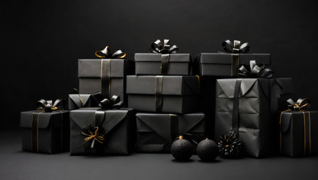 Black Christmas presents boxes stylish decoration background. Winter holidays idea. Minimal abstract Christmas and New Year celebration concept. With copy space.の素材