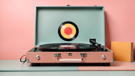 Pastel vintage and retro background made of vinyl LP records and player. Minimal abstract music and lifestyle concept. Party or collection idea. Copy space.の素材