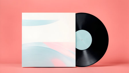 Pastel vintage and retro background made of vinyl LP records and player. Minimal abstract music and lifestyle concept. Party or collection idea. Copy space.の素材