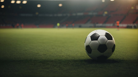 Soccer or European football ball on a field. Minimal abstract sport and competition concept. With copy space.の素材