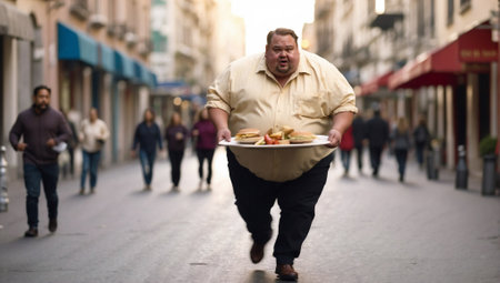 Overweight man running with a plate of food. Unhealthy diet and junk food concept. Bad nutrition idea. Copy space.の素材
