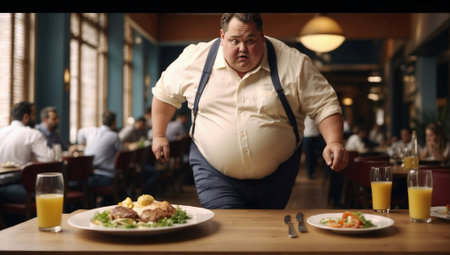 Overweight man running to a plate of food in a restaurant. Unhealthy diet and junk food concept. Bad nutrition idea. Copy space.の素材