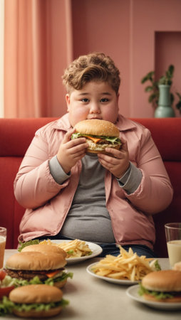 Overweight kid with food. Unhealthy diet and junk food concept. Bad nutrition idea. Copy space.の素材